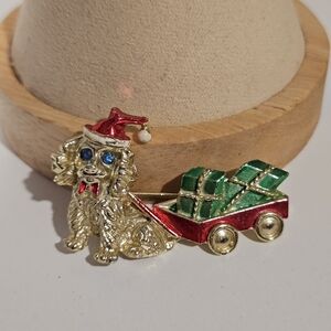 Beatrix Vintage Festive Dog Brooch Gifts Gold Red Green Christmas Wagon